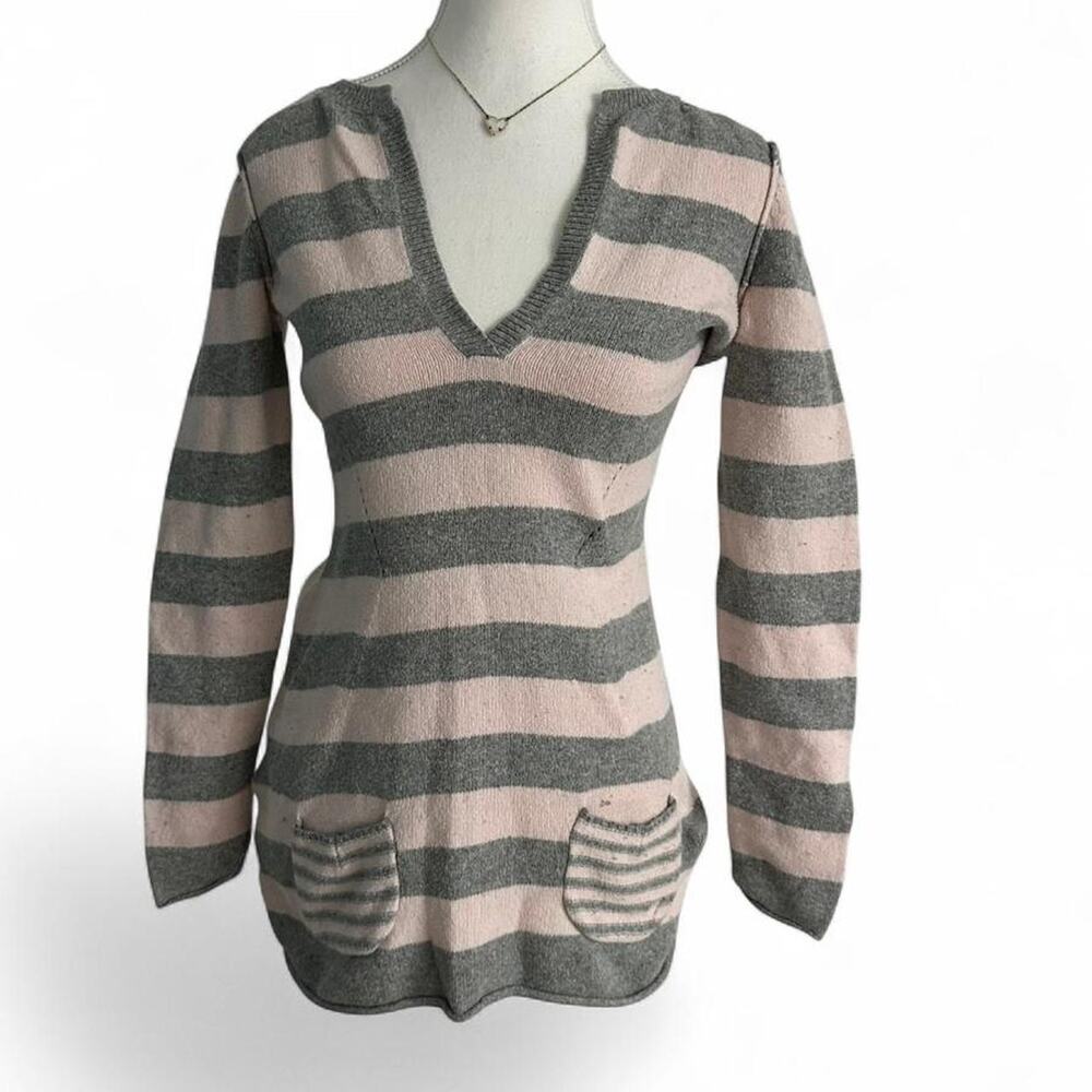 Y2K Whimsy Baby Pink Grey Striped Baby Doll Layering Sweater Long Sleeve Size M